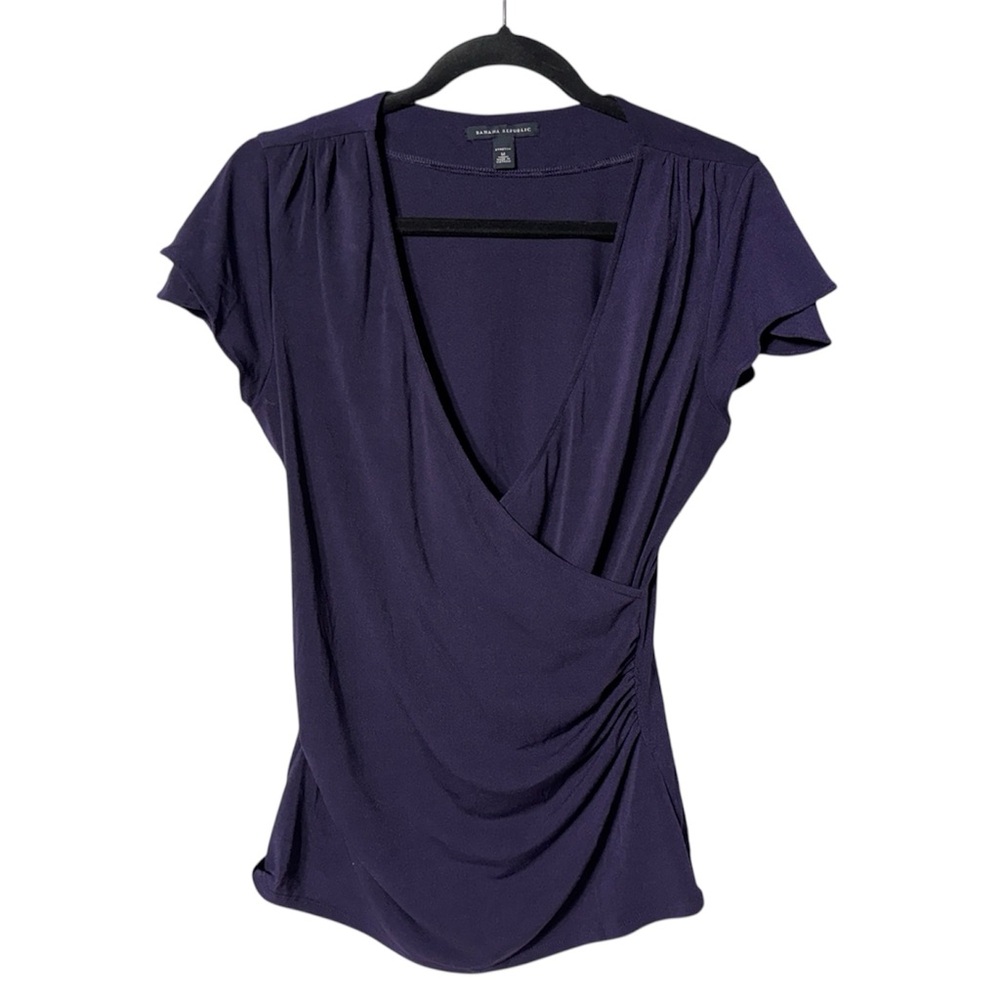Banana Republic Deep Purple Stretch Crepe Faux Wrap Tulip Sleeve Blouse